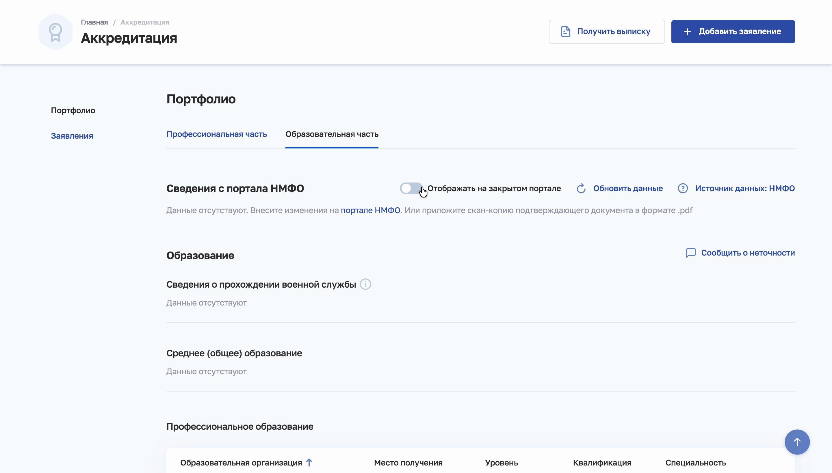 Вкладка «Образовательная часть» в портфолио ФРМР: сведения с портала НМФО и блоки образования